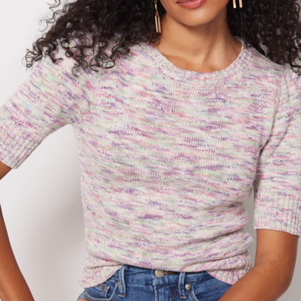 Mia Sweater Puff Top, short sleeve multi color sweater pink hues, size small